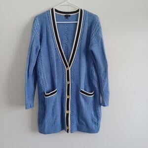 Talbots Cable Knit Cardigan Women M Blue Deep V-Neck Heavyweight Grannycore Cozy